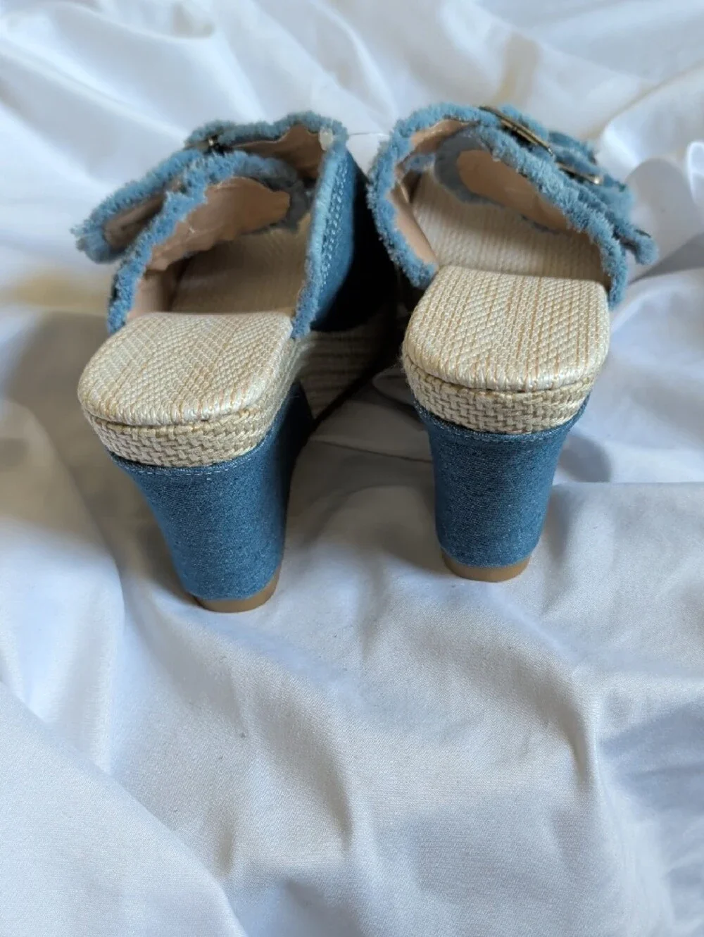 Denim Blue Wedge Sandals with Buckle Straps